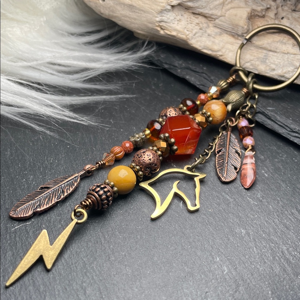 Desert Storm Carnelian, Tigers Eye & Jasper | Horse Feather Keychain Charm - Picture 2 of 11
